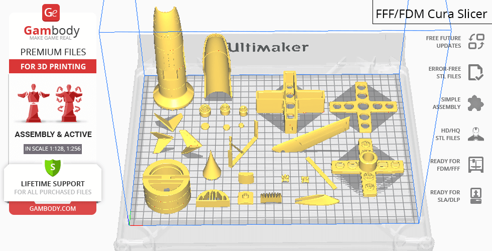 STL files for 3D printing of Thunderbird 1, showing disassembled parts on a slicing software screen.