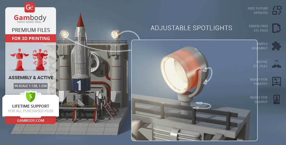 3D model of Thunderbird 1 with launchpad and adjustable spotlights, designed for 3D printing by Gambody.