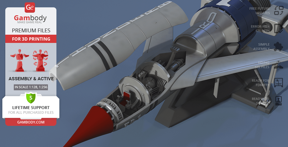 A detailed 3D model of Thunderbird 1 with assembly and printing information from Gambody.