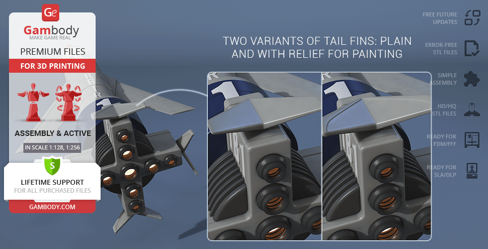 3D model of Thunderbird 1 with two tail fin variants, for 3D printing, shown from a rear angle.