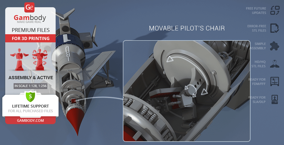 A detailed 3D model of Thunderbird 1 for printing, featuring a movable pilot's chair and assembly guide.