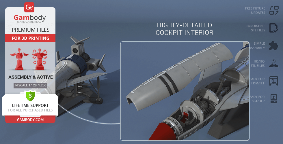 Highly-detailed 3D model of Thunderbird 1 for printing, showcasing intricate cockpit interior.