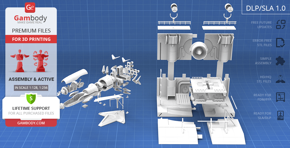 3D model parts of Thunderbird 1 for printing, displayed on a blueprint background.