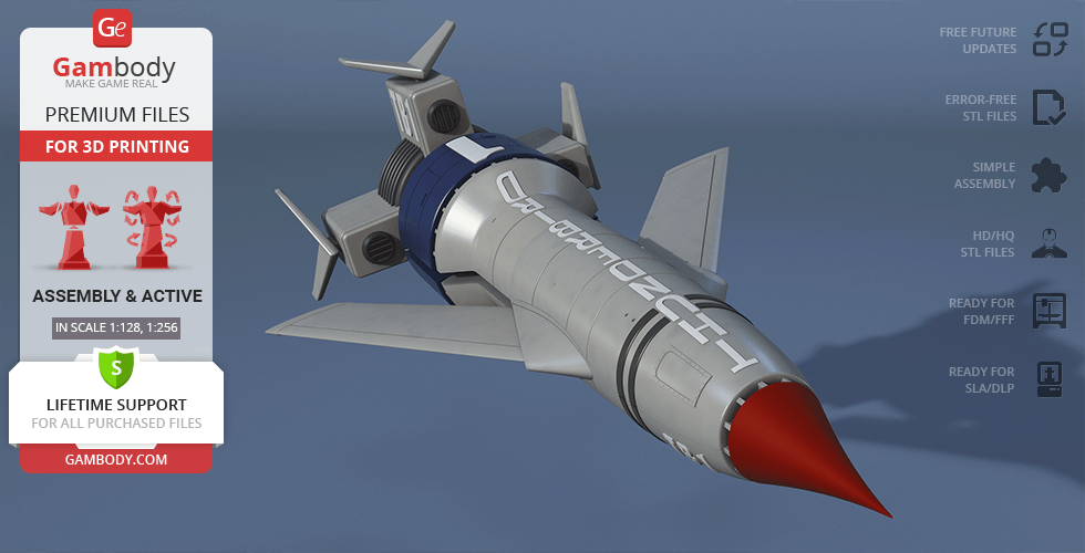 A sleek, silver Thunderbird 1 model with red nose, designed for 3D printing by Gambody.