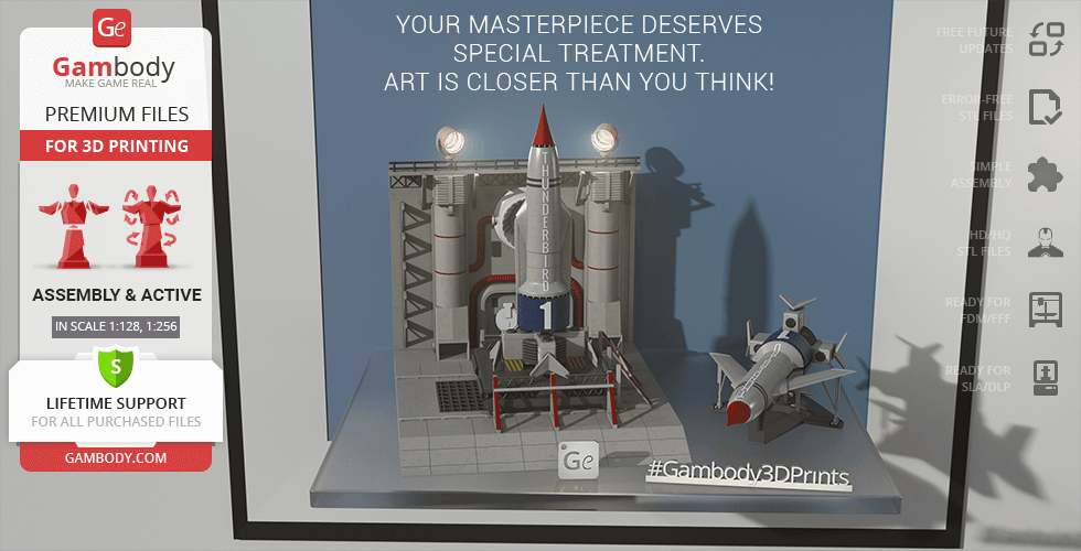 A 3D model of Thunderbird 1 on a launchpad, ready for printing, with promotional text for Gambody.