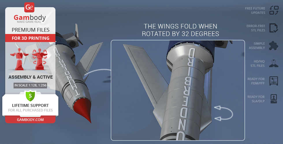 3D print model of Thunderbird 1 rocket with foldable wings from Gambody, shown in detailed view.