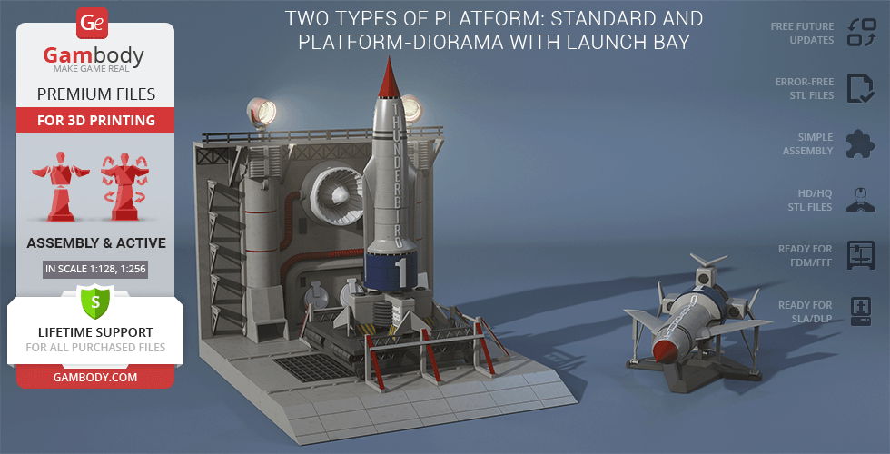 Thunderbird 1 model with launch platform setup for 3D printing, featuring detailed assembly components.