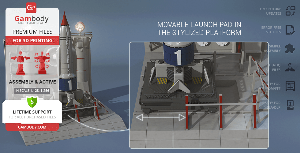 3D model of Thunderbird 1 rocket with a movable launch pad, for 3D printing.