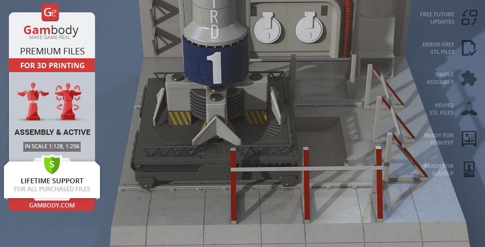 A detailed 3D model of Thunderbird 1 on a launch platform, designed for 3D printing from Gambody.