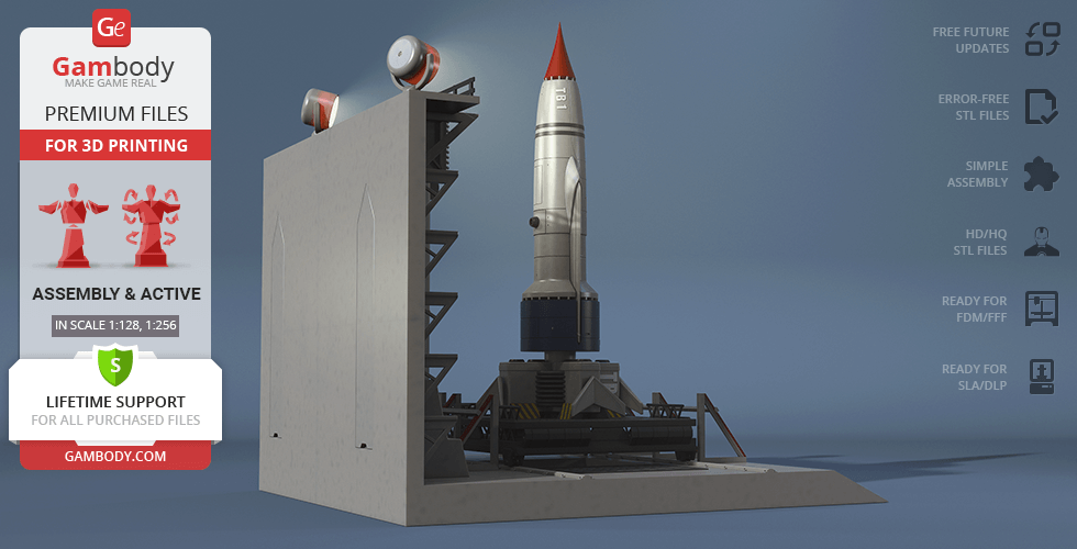 A detailed 3D model of Thunderbird 1 on a launch pad, ready for 3D printing from Gambody.