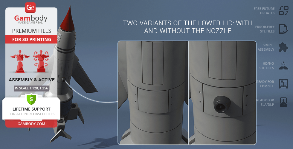 Model of Thunderbird 1 rocket for 3D printing, showing variants with and without a nozzle.