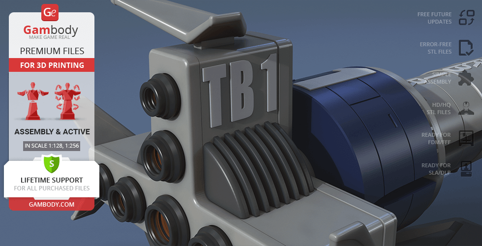 3D model of Thunderbird 1 rocket for printing, featuring detailed design and assembly parts options.