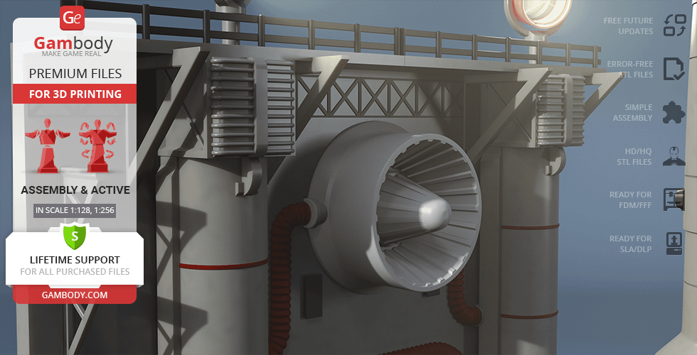 3D model of Thunderbird 1 engine and scaffolding, with Gambody branding for STL files and 3D printing details.