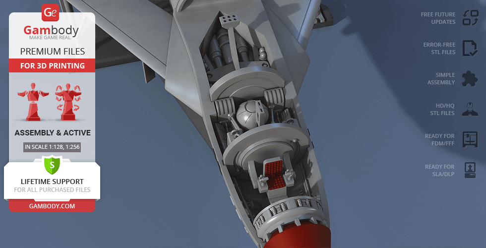 A detailed 3D model of Thunderbird 1 viewed from above, showcasing intricate mechanical parts.