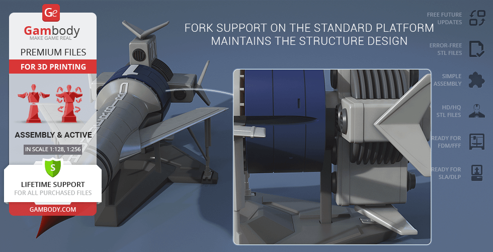 3D model of Thunderbird 1 for printing, showing detailed parts on a display banner.