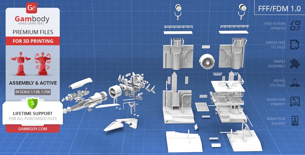 3D printable parts of Thunderbird 1 model spread on a grid background with assembly and file details.