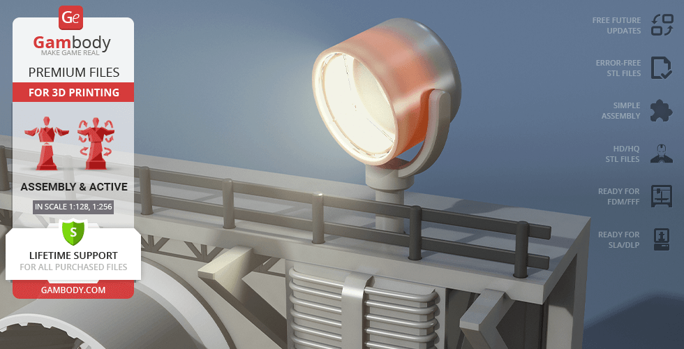 3D model spotlight fixture on a platform with railing, featured in a Gambody STL file advertisement.