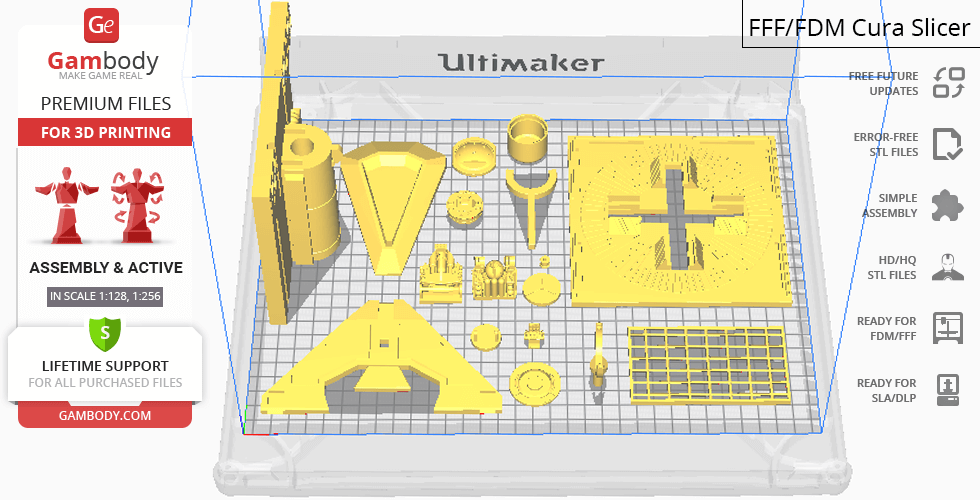 3D printer interface showing parts for Thunderbird 1 model assembly in yellow STL files on a grid.