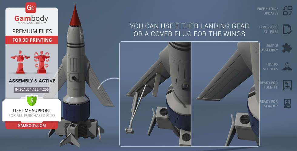 3D model of Thunderbird 1 rocket with optional landing gear or wing cover for 3D printing.