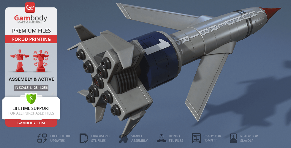 A detailed 3D model of Thunderbird 1 rocket, designed for 3D printing.
