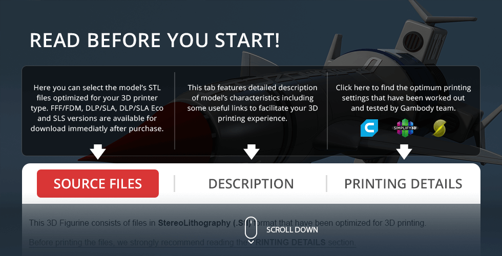 Thunderbird 1 STL files for 3D printing guide with source, description, and printing details tabs.