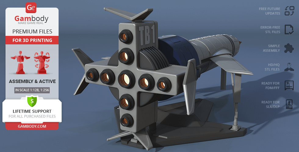 A detailed 3D printable model of Thunderbird 1 spacecraft with realistic features and assembly instructions.