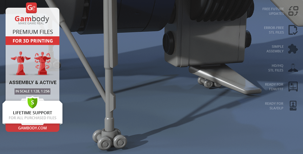 Close-up of Thunderbird 1 landing gear for 3D printing, showing detailed wheels and support structures.