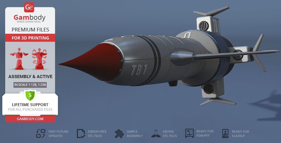 A detailed 3D model of Thunderbird 1 rocket for printing, with sleek design and labeled TB1.