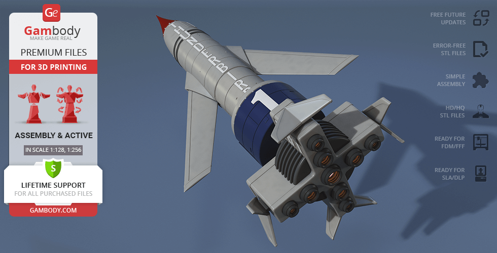 3D printable model of Thunderbird 1, a sleek, rocket-shaped vehicle with distinct colors and design.