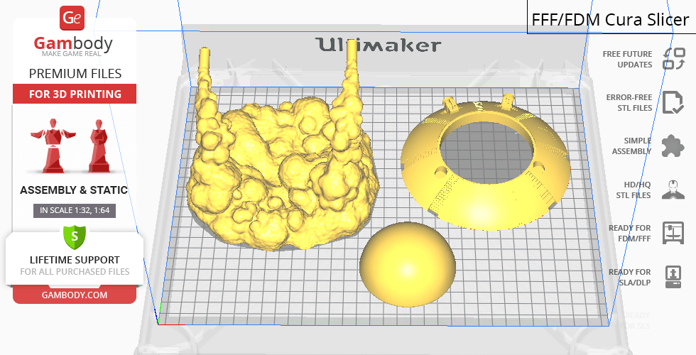Three yellow 3D printable parts on a grid: a spherical base, circular ring, and organic, spiky structure.