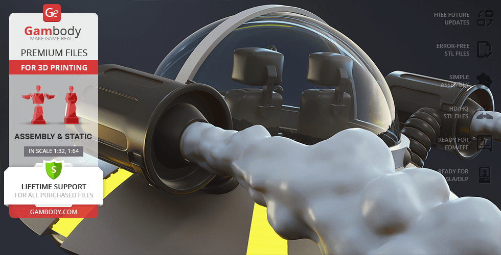 A 3D-rendered space cruiser with a dome cockpit and engine trails, ready for 3D printing.