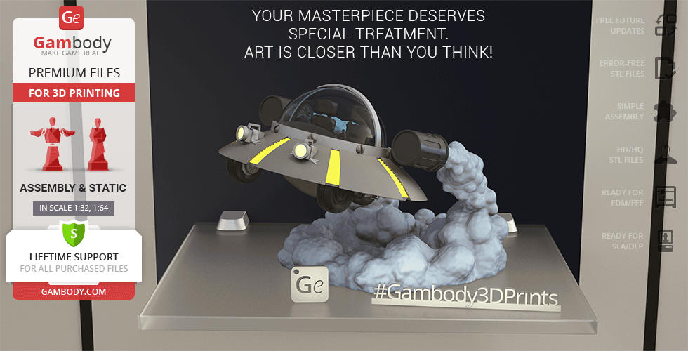 A futuristic space cruiser model with smoke effect, displayed for 3D printing, showcasing intricate details.