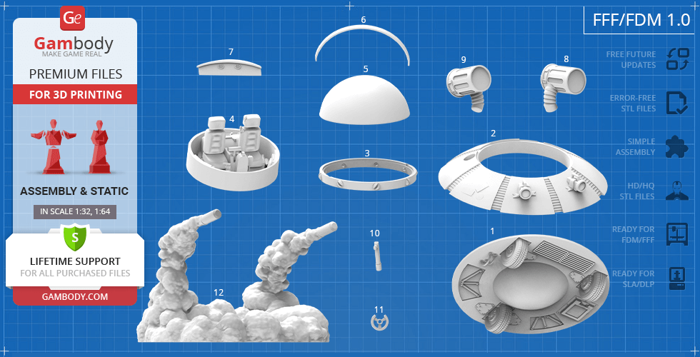 Collection of 3D printable Space Cruiser parts, including cockpit, engines, and exterior components.