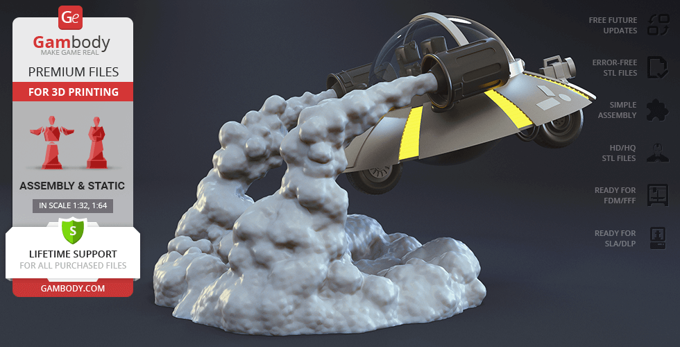 A sleek, futuristic space cruiser with a cloud-like base, ready for 3D printing.