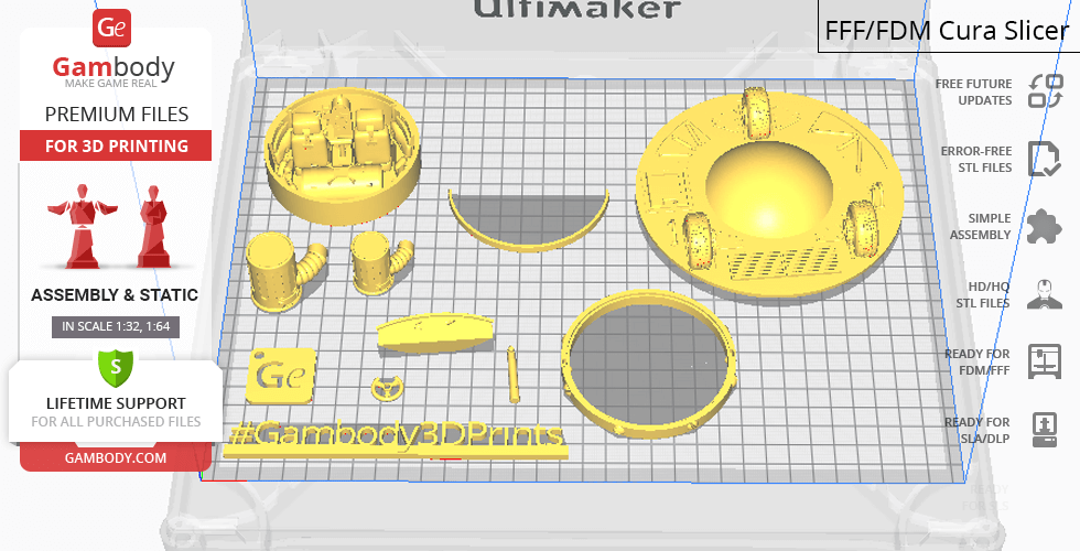 A set of yellow 3D-printed Space Cruiser parts arranged on a grid, ready for assembly.