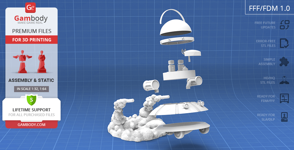 Exploded view of a space cruiser model in sections for 3D printing, on a blue grid background.