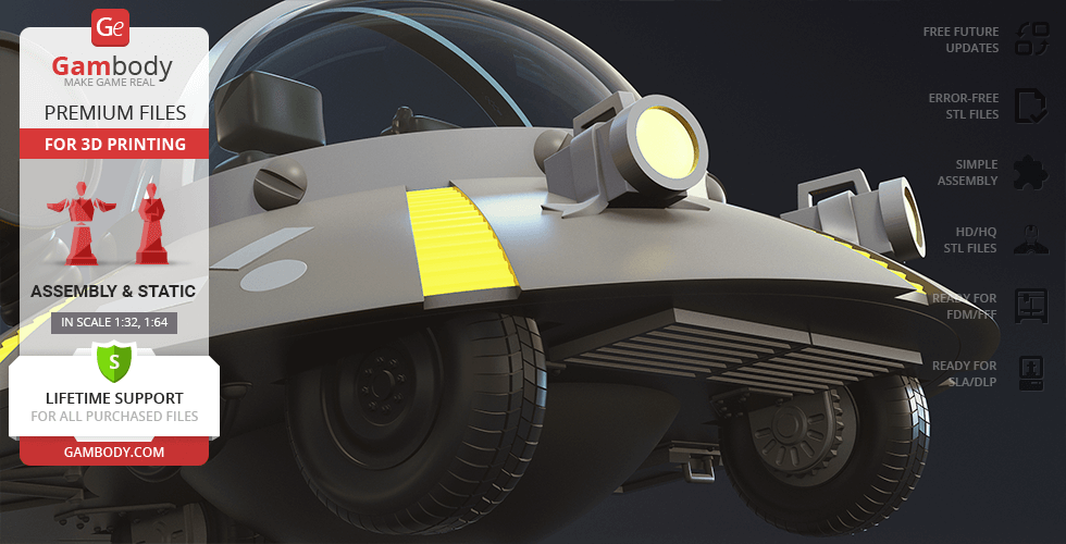 A 3D render of a futuristic, detailed space cruiser designed for 3D printing by Gambody.