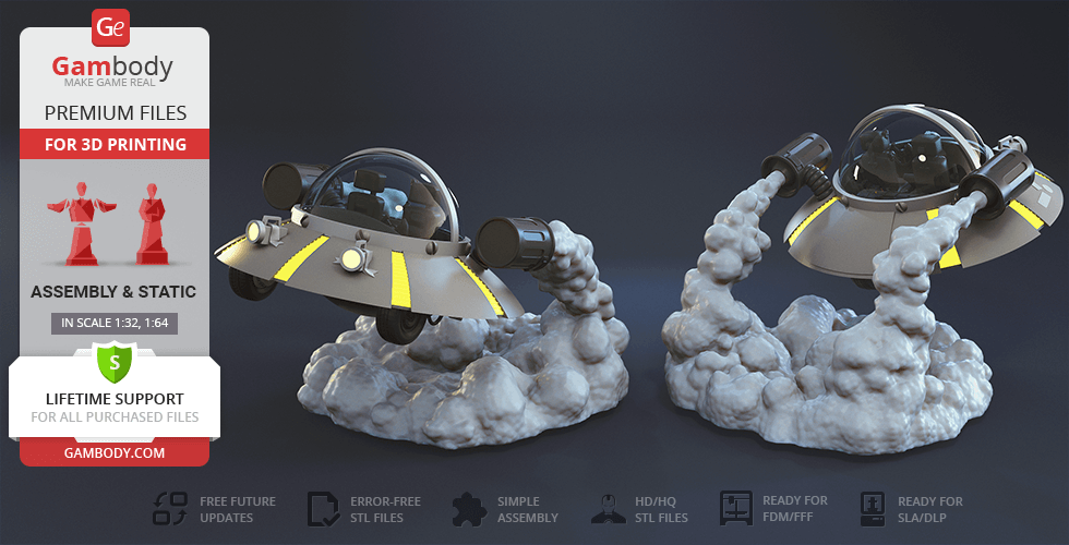 3D model of a space cruiser with thrusters, hovering above a cloud-like base for 3D printing.