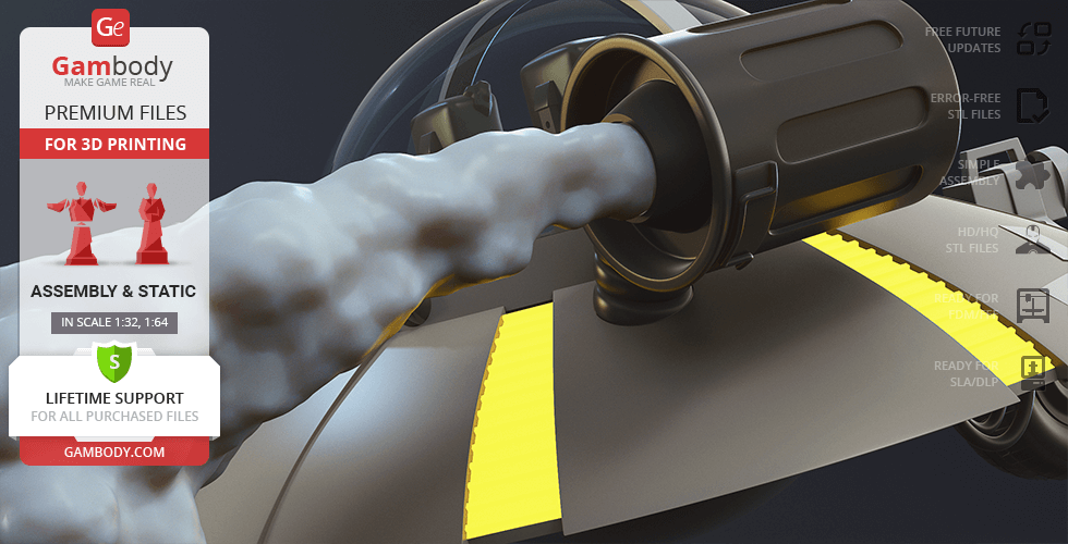 A detailed 3D model of a space cruiser engine, ready for 3D printing, with promotional text and features.