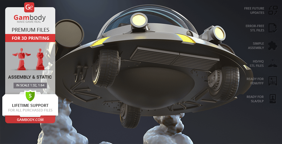 Futuristic space cruiser model for 3D printing, with detailed undercarriage and dual headlights.