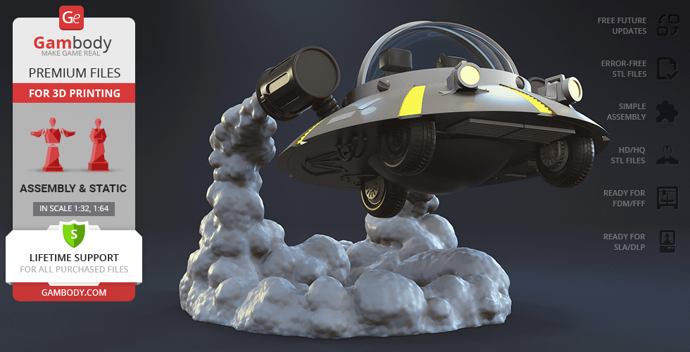 A futuristic spaceship model with a clear dome and engines, launching from a cloud-like base for 3D printing.