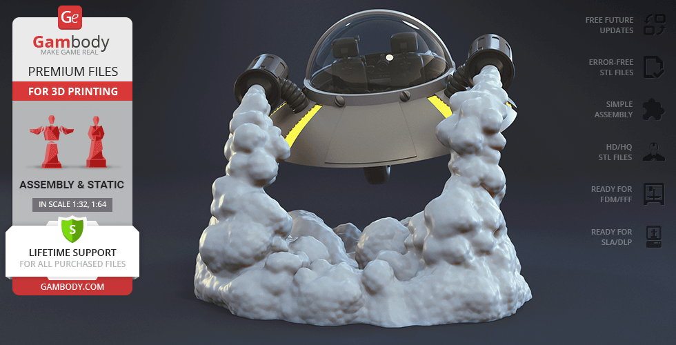 A detailed 3D model of a Space Cruiser with cloud-like exhaust, designed for 3D printing.