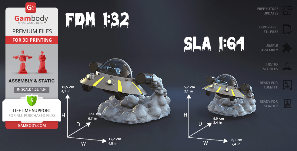 A futuristic space cruiser model on a rocky base, available in two sizes: FDM 1:32 and SLA 1:64.