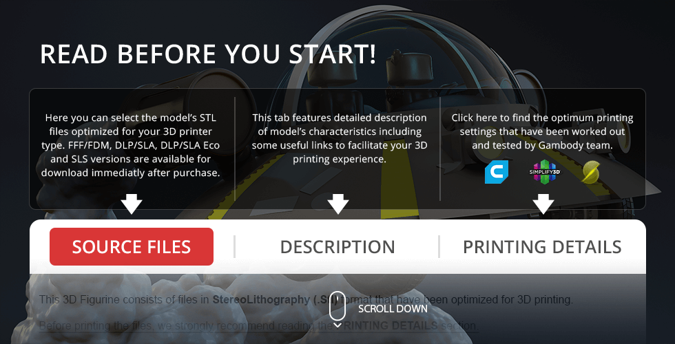 3D printing details for Space Cruiser model with tabs for source files, descriptions, and printing settings.