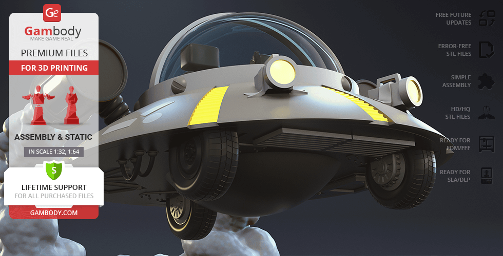 A futuristic space cruiser with a glass dome and landing gear, designed for 3D printing.