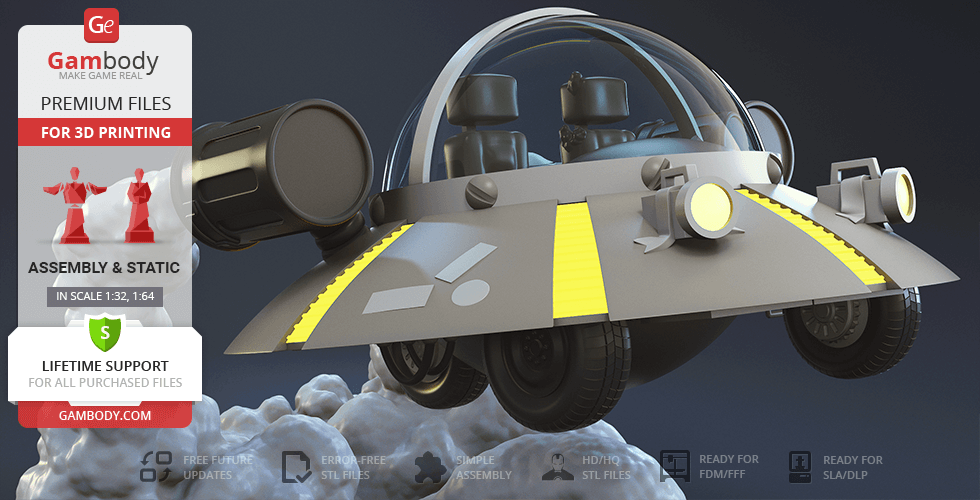 Futuristic space cruiser 3D model with dual engines and glass dome, hovering above clouds.