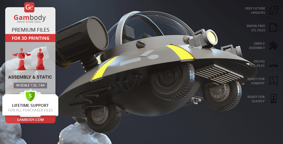A futuristic space cruiser model with dual engines and headlights designed for 3D printing.