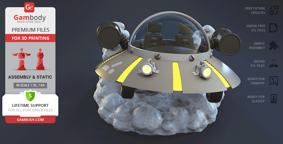 A futuristic space cruiser with a dome cockpit and engines, surrounded by a cloud-like base.