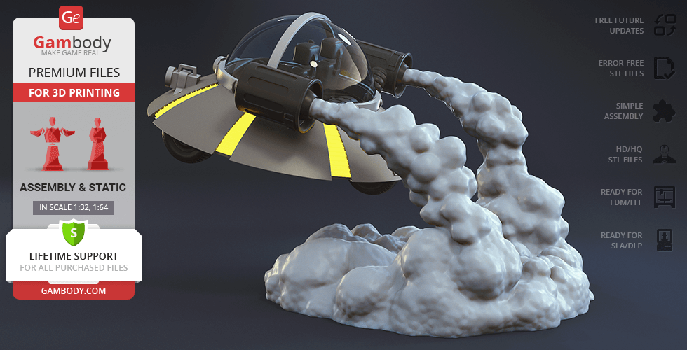 A detailed 3D model of a flying space cruiser with vapor trails for 3D printing.