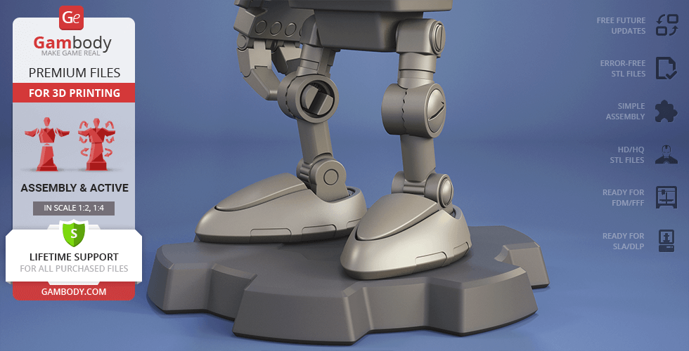 A 3D model of robotic legs on a display stand, suitable for printing, with promotional text on the side.